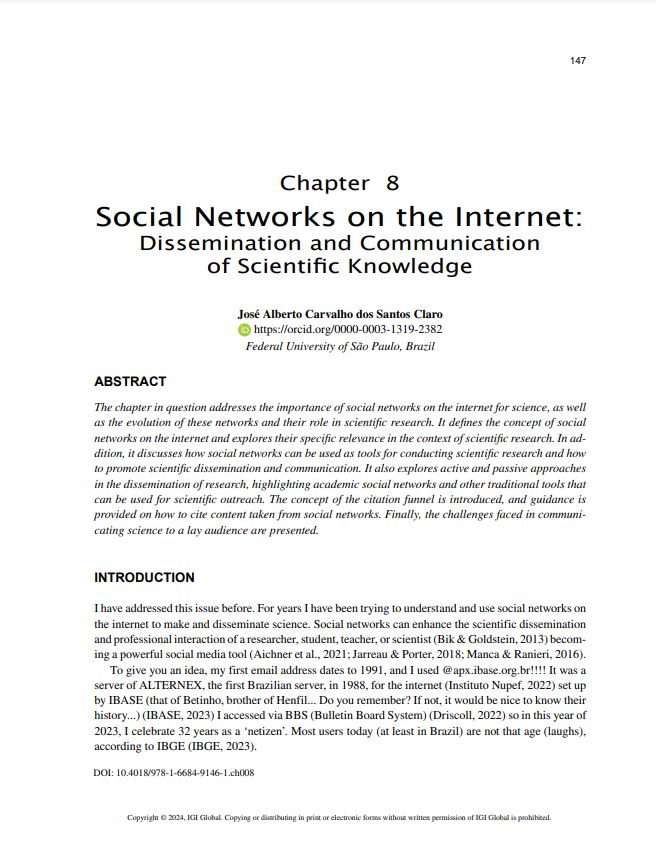 #SN POST Capítulo | Capítulo de Livro Publicado - Social Networks on the Internet: Dissemination and Communication of Scientific Knowledge