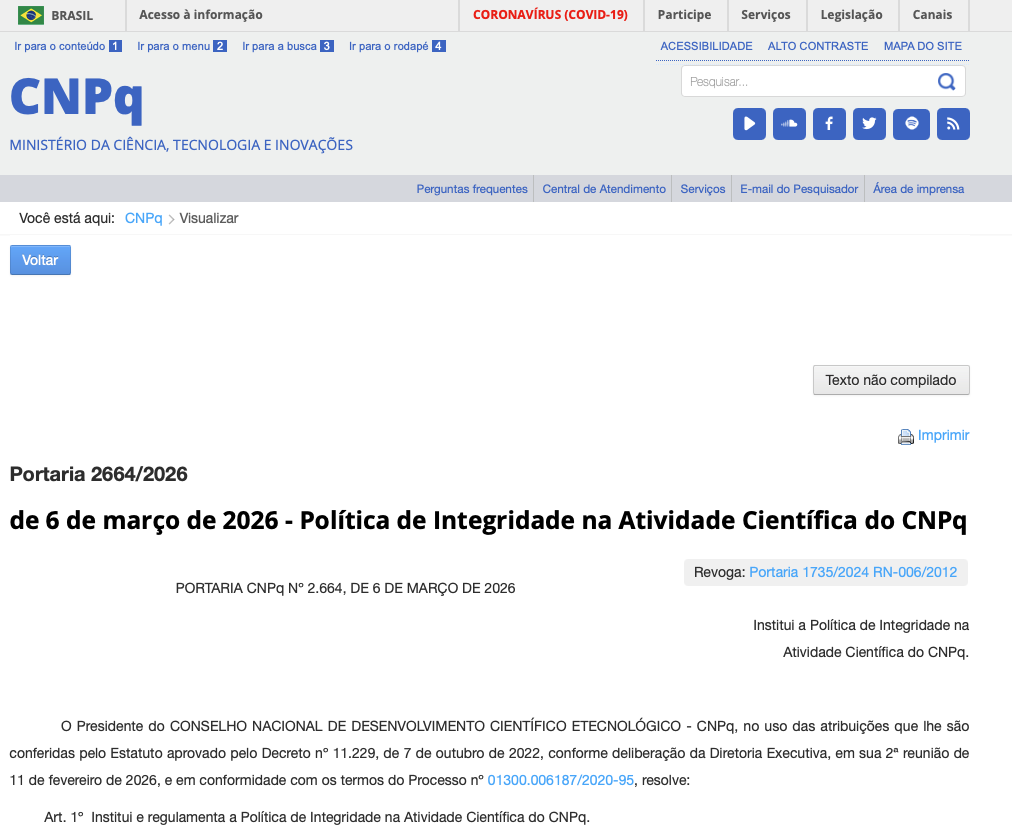 Portaria 2664/2026 de 6 de março de 2026 - Política de Integridade na Atividade Científica do CNPq