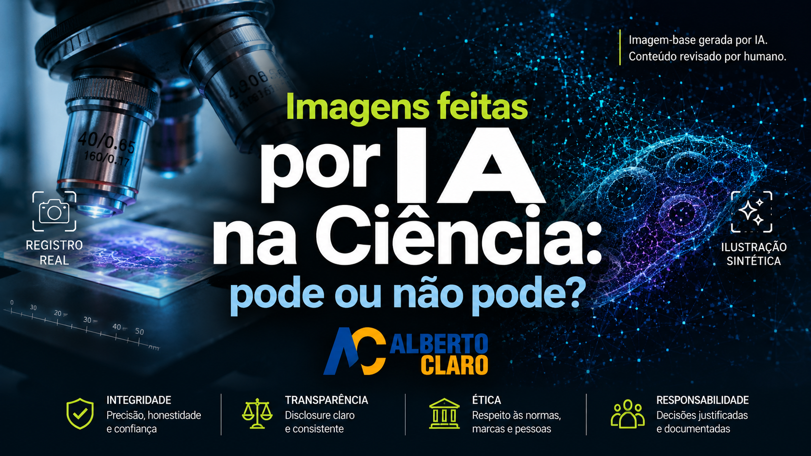 Microscópio e elementos digitais ilustrando o uso de imagens feitas por IA na ciência.