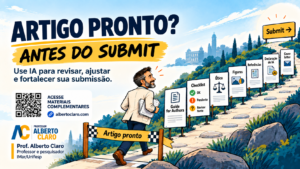 Pesquisador conferindo checklist de submissão científica com apoio de ferramentas de IA antes de enviar artigo a periódico.