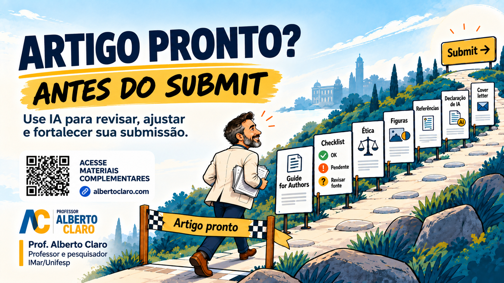 Pesquisador conferindo checklist de submissão científica com apoio de ferramentas de IA antes de enviar artigo a periódico.